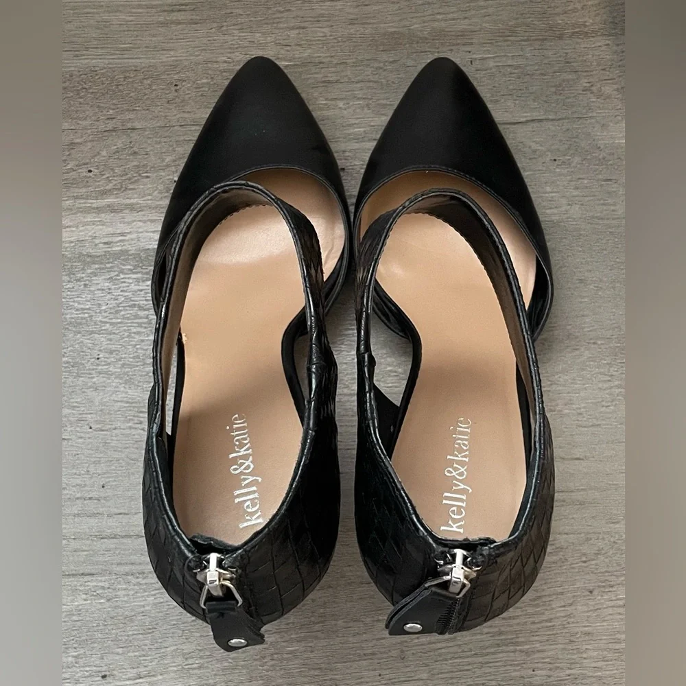 Black Pointed Toe Heels Size 10 Woven Ankle Strap Stiletto Pumps - Picture 2 of 8
